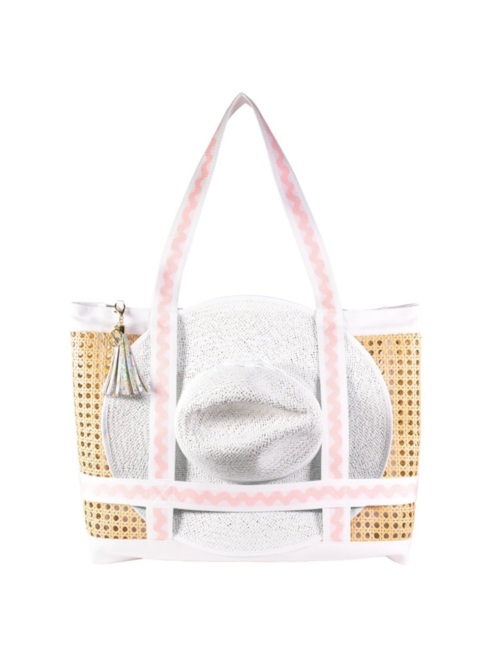 New Lilly Pulitzer Natural Woven Large Travel Tote with Pink & White Trim - Picture 3 of 13